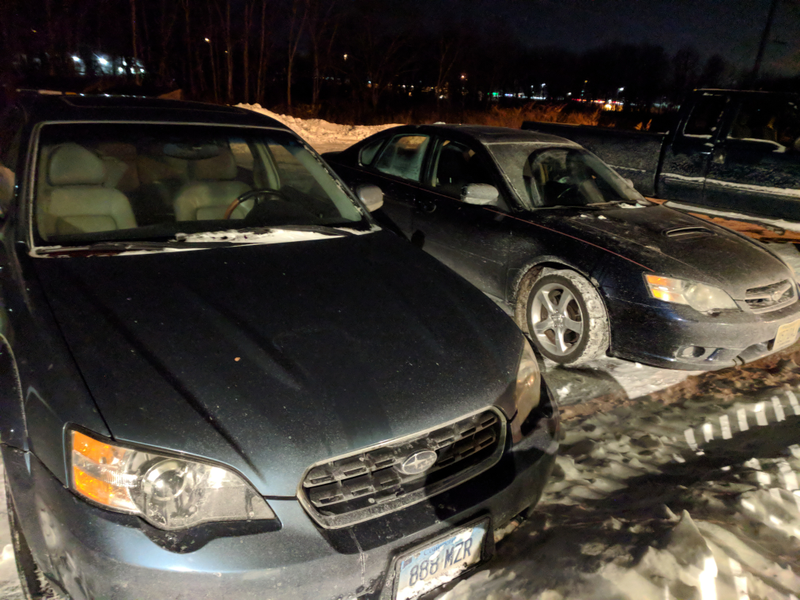 Worst picture of an Outback Sedan and my salted rig.